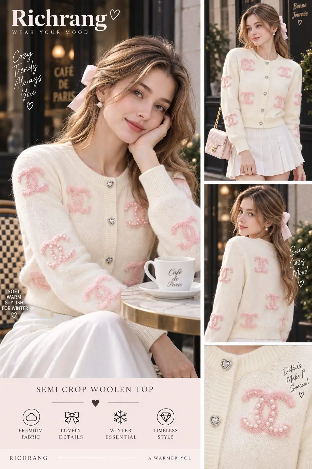 Alabaster Cream Cardigan with Pearl-Bordered Pink Monograms