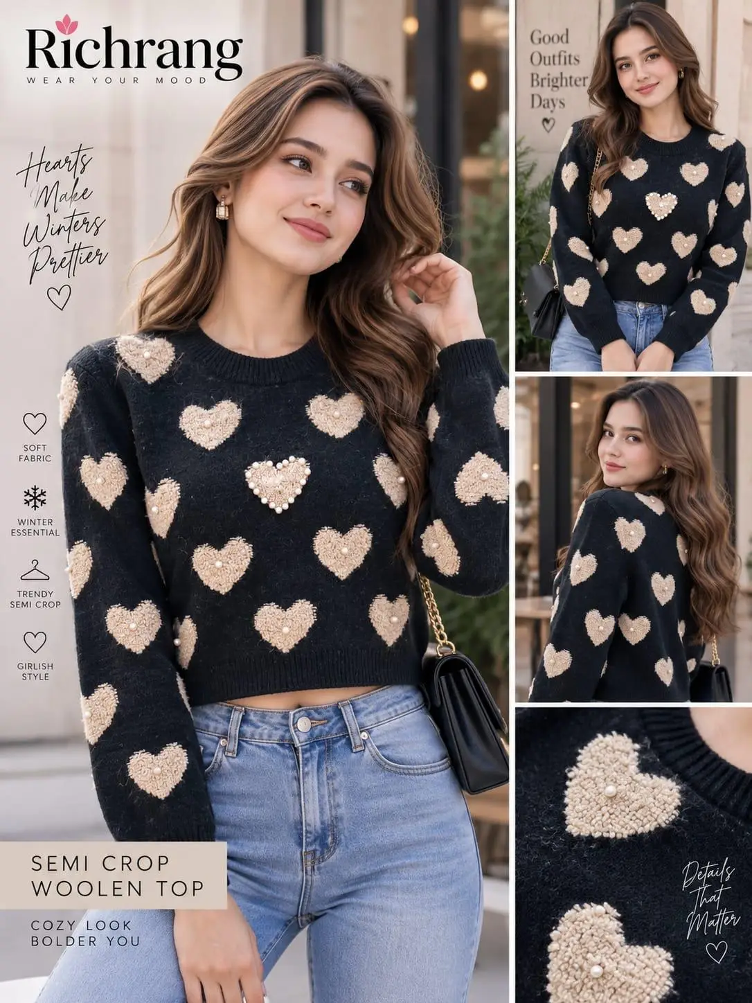 Midnight Onyx Pullover with Pearl-Centric Beige Hearts Top