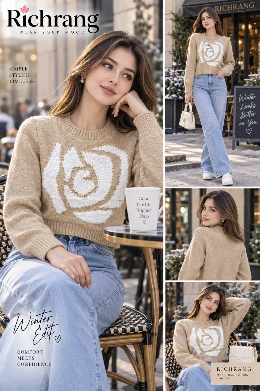 Cozy Camel Bouclé Rose Sweater Top with Pearl Embellishments