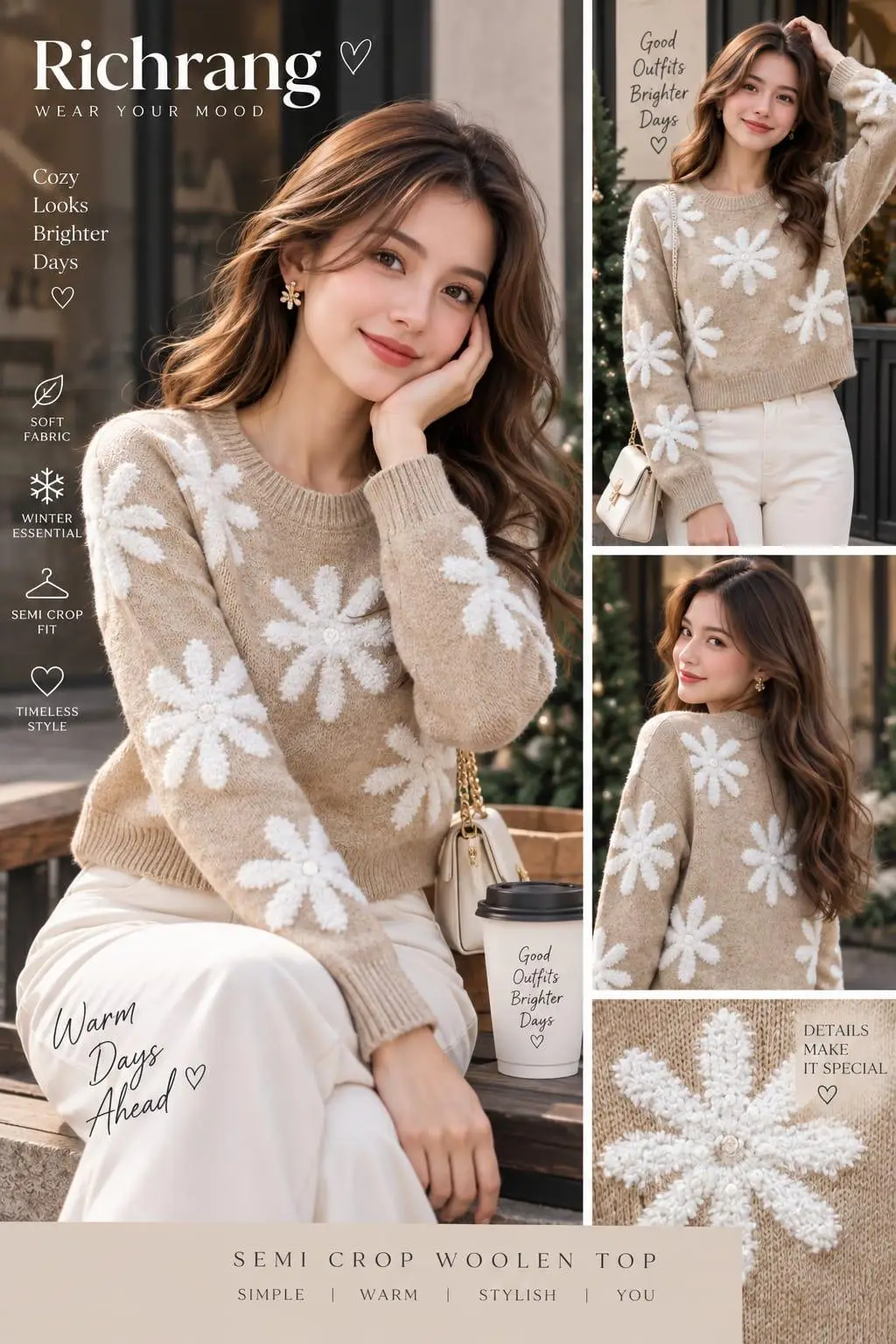 Cozy Oatmeal Bouclé Daisy Sweater with Pearl Clusters Semi Crop Woolen Top