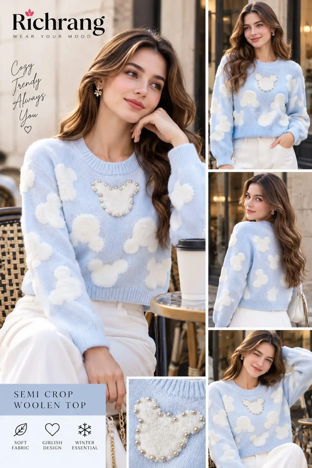 Ice Blue Bouclé Bear Silhouette Pullover with Pearl Border Semi Crop Woolen Top