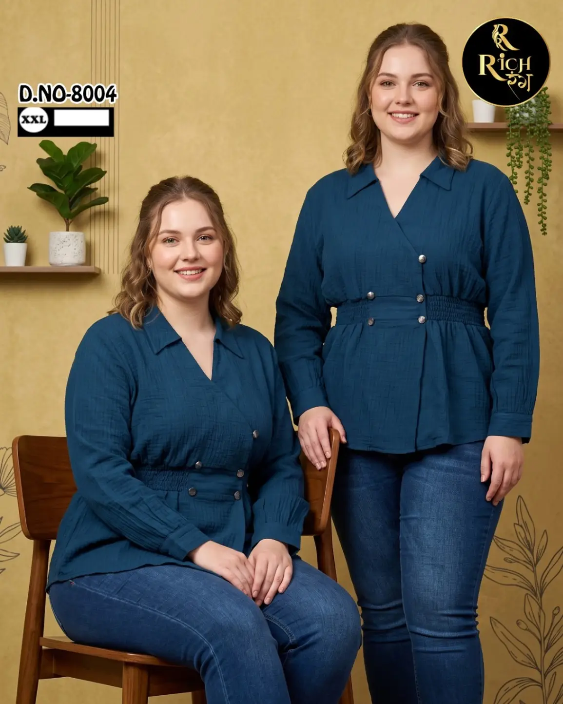 Dark Teal Muslin Wrap Top with Smocked Waist & Accent Buttons