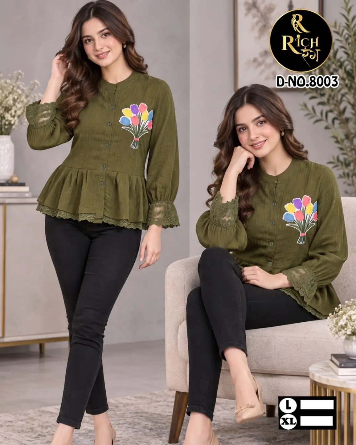Olive Khaki Slub Peplum Top with Tulip Bouquet Patch
