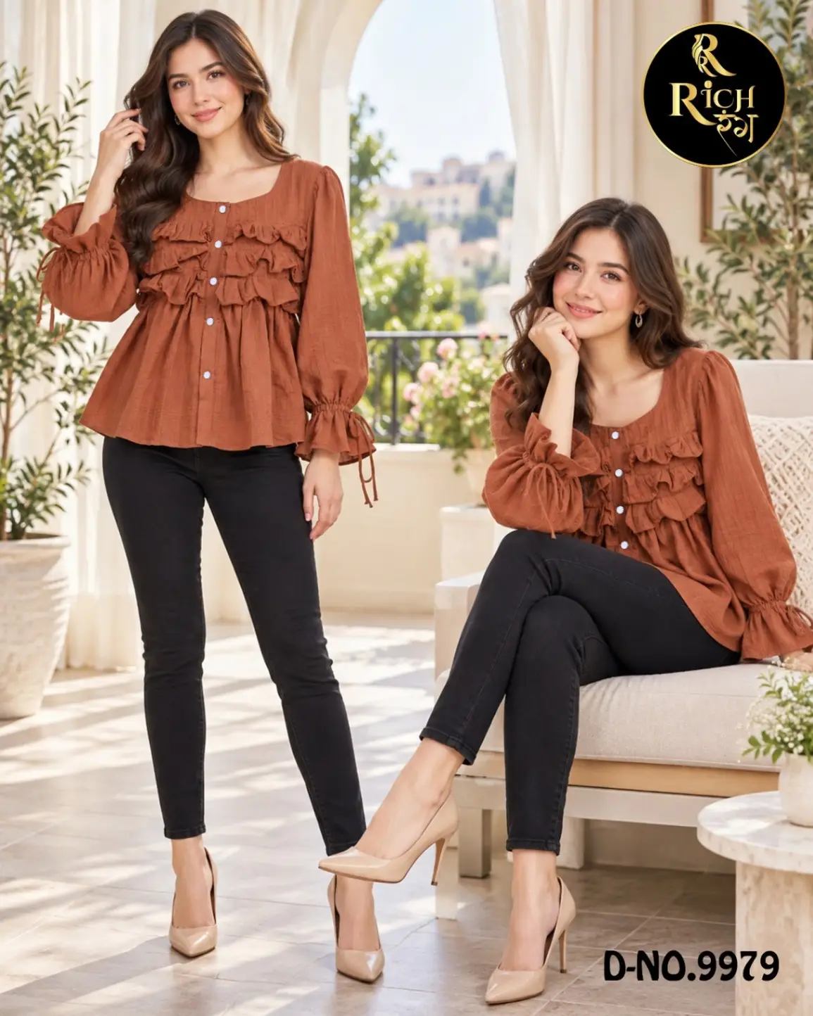 Terracotta Slub Peplum Top with Tiered Front Ruffles