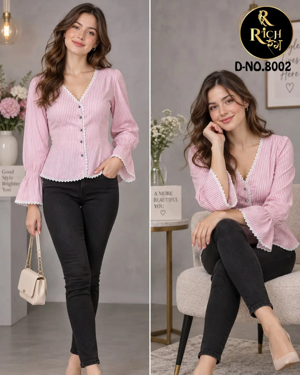 Powder Pink Pinstripe Peplum Top with Lace Trim Trims