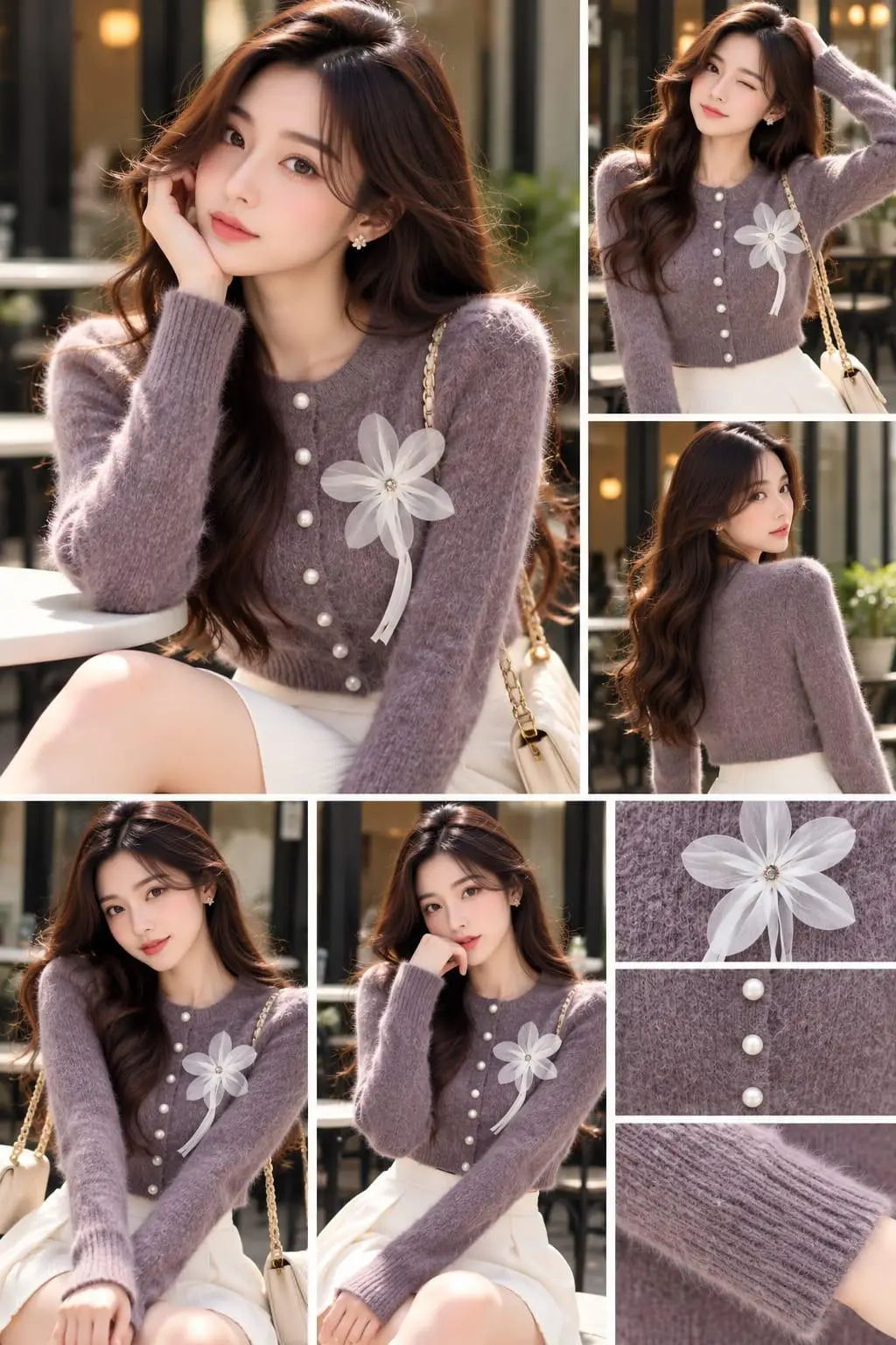 Elegant Taupe 3D Organza Flower Knit Top
