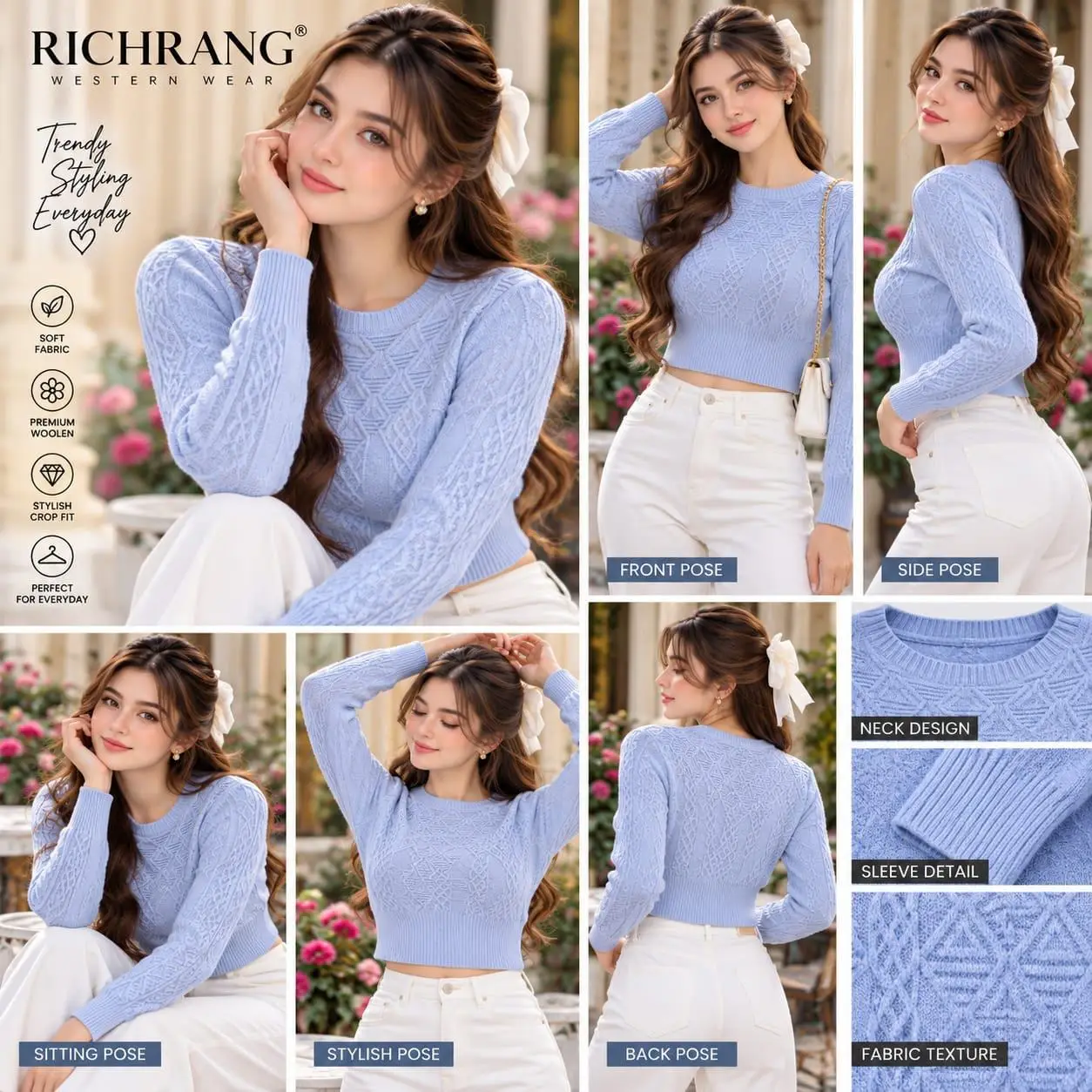 Sky Blue Lattice Textured Woolen Pullover