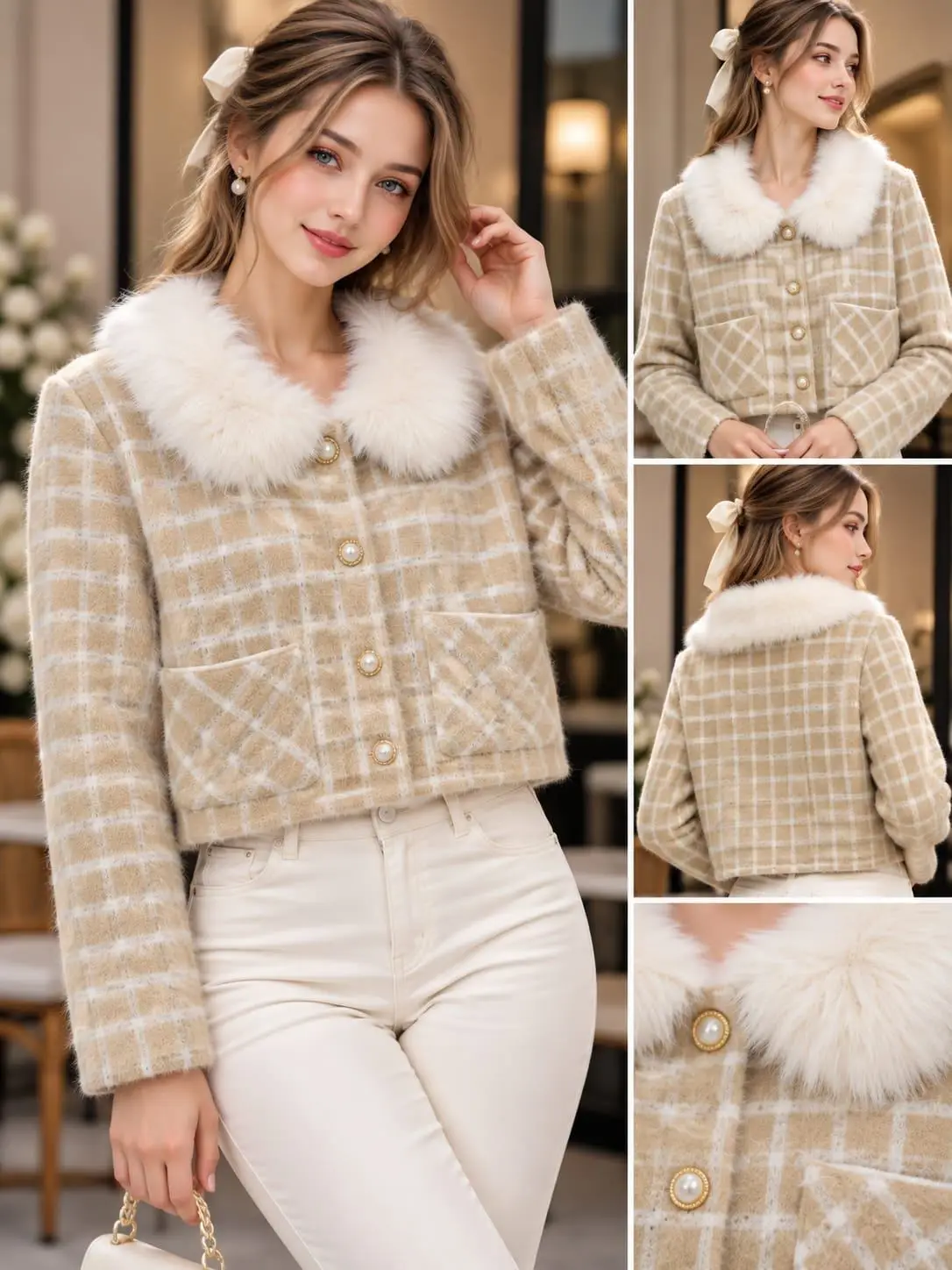 Autumn Plaid Faux-Fur Collar Crop Jacket