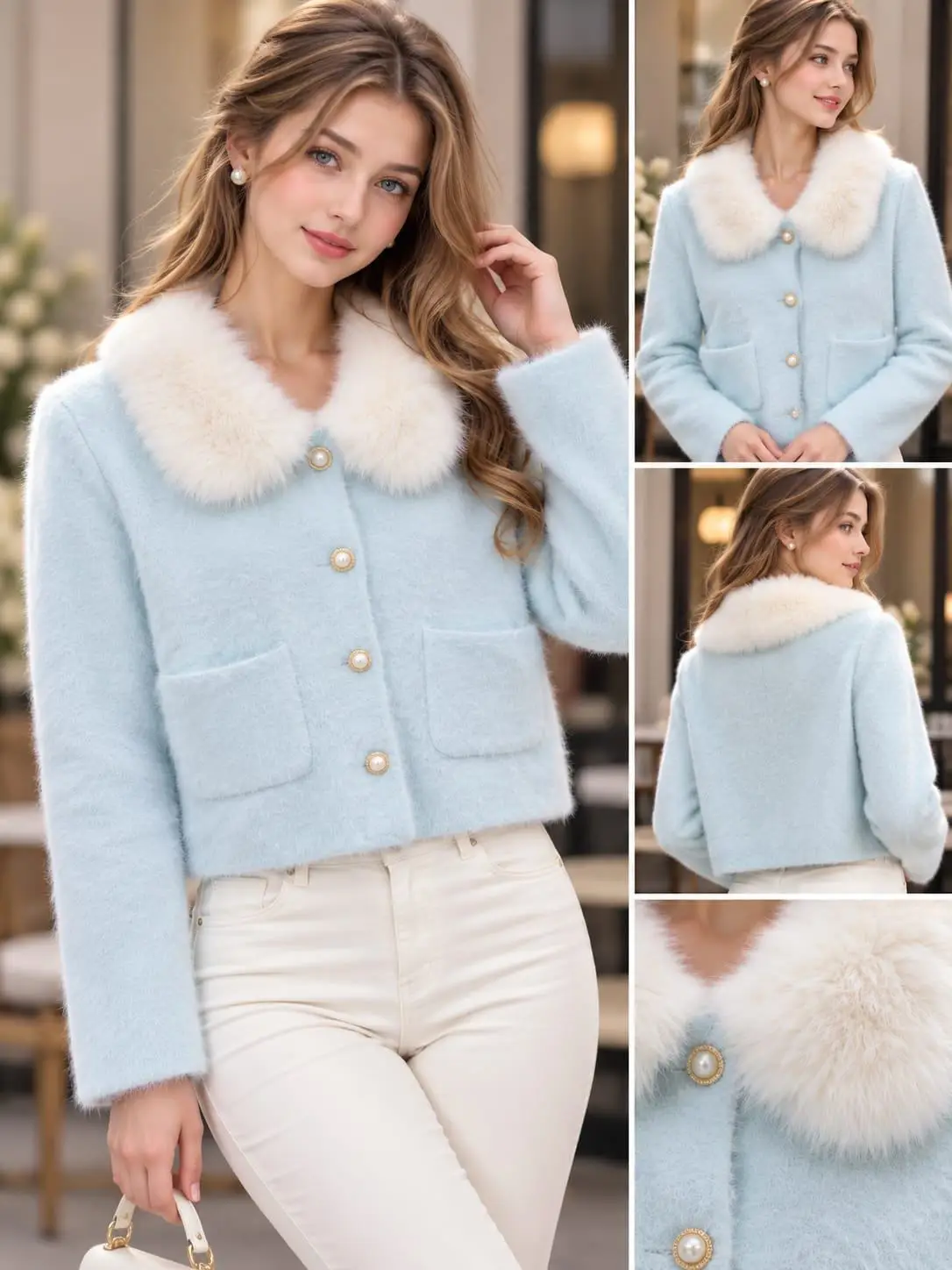 Powder Blue Winter Blossom Faux-Fur Crop Jacket