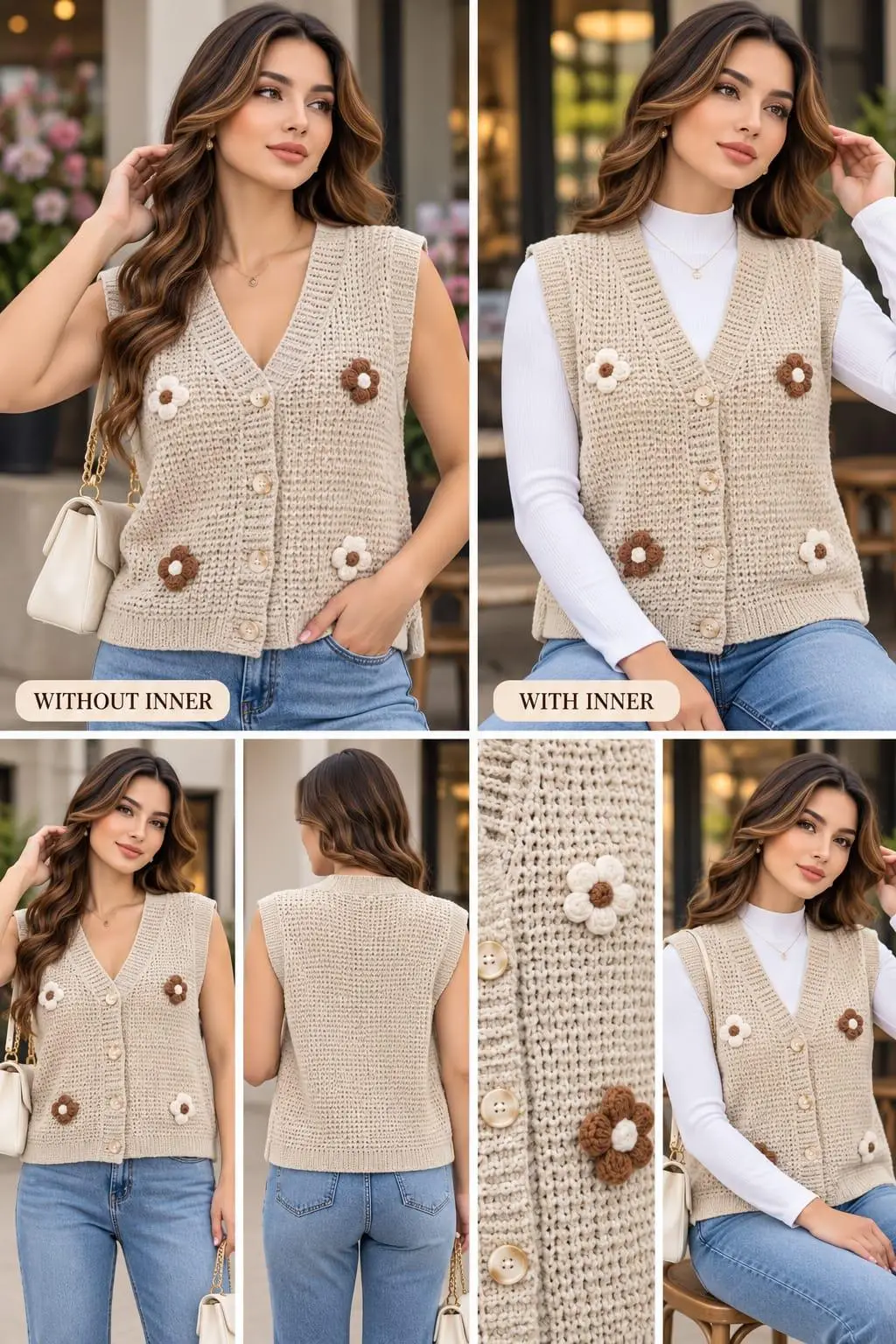Vanilla Cream Crochet Flower Sweater Vest Top