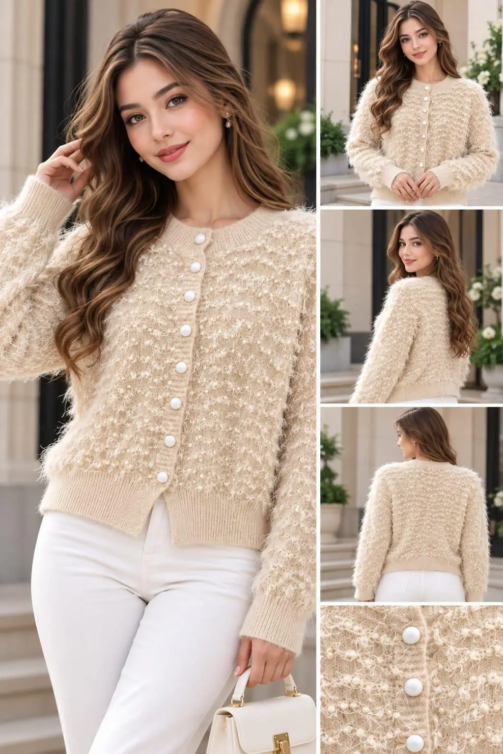 Vanilla Frost Shaggy Bouclé Pearl Cardigan Top