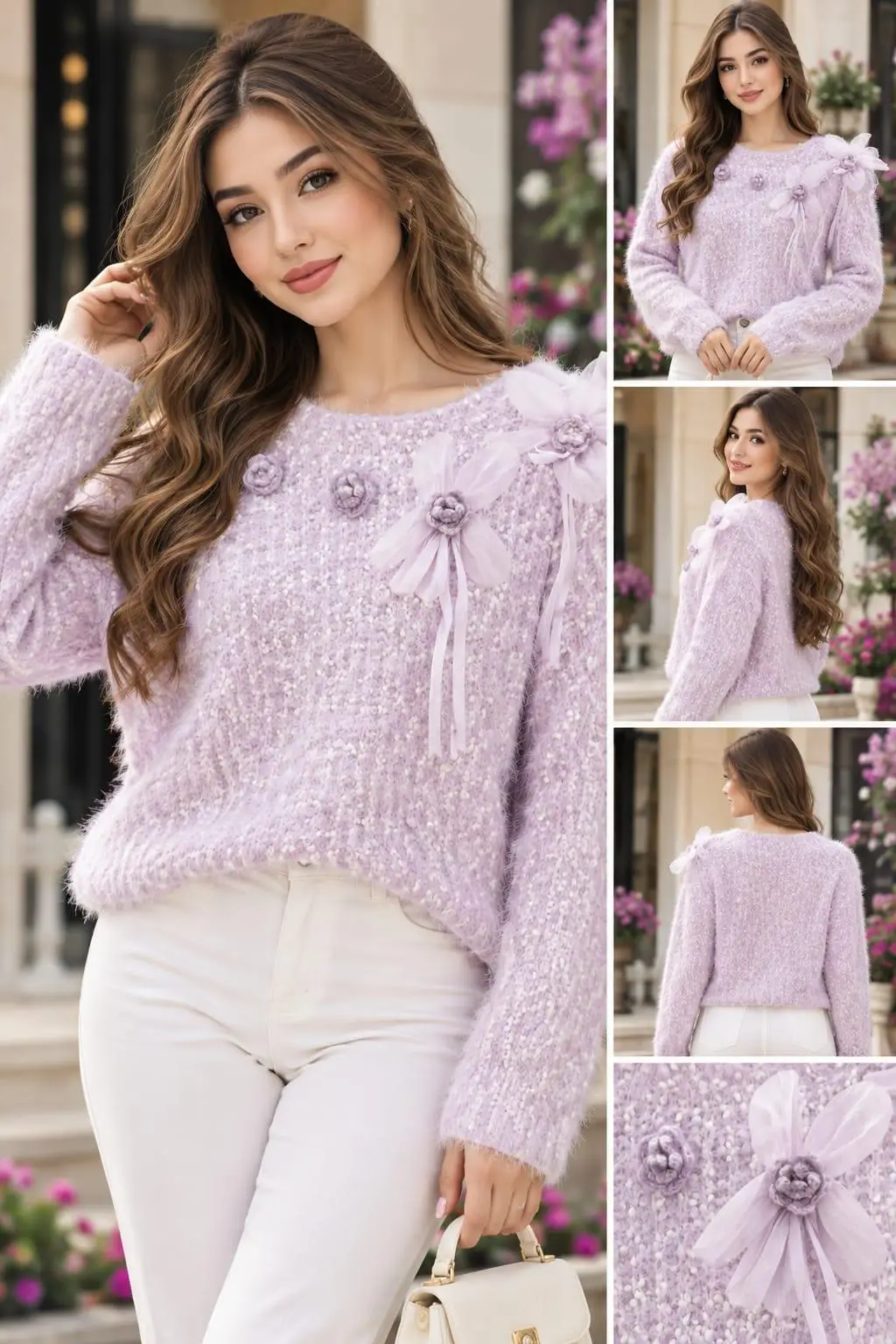 Orchid Haze 3D Organza Bow Plush Sweater top