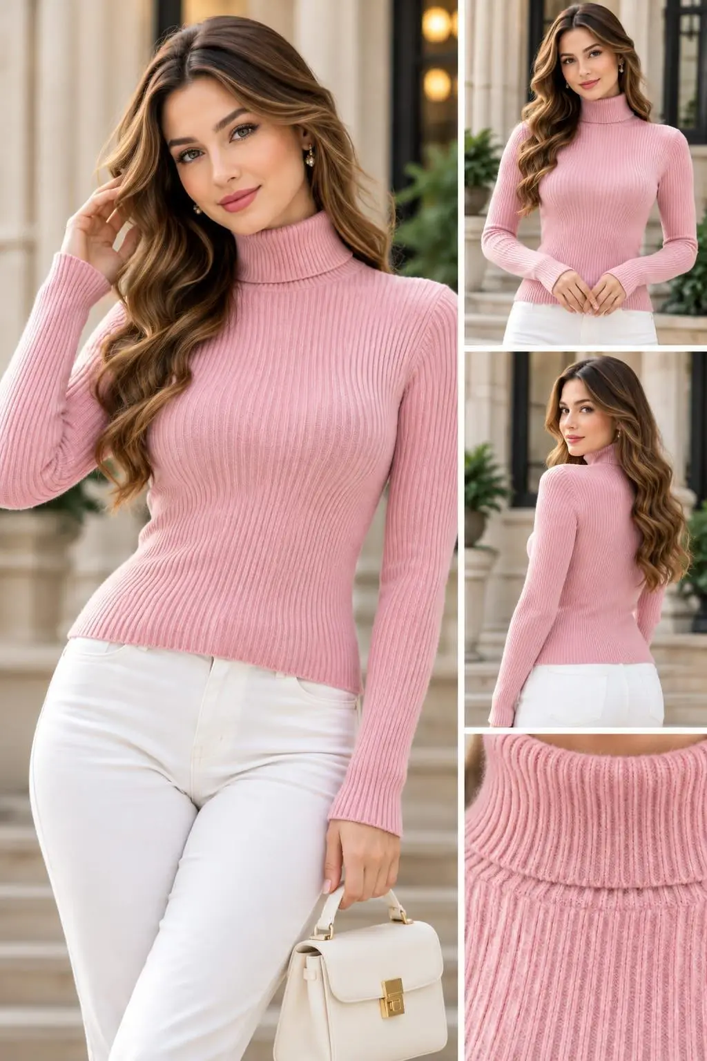 Blossom Pink Ribbed Turtleneck Woolen Top