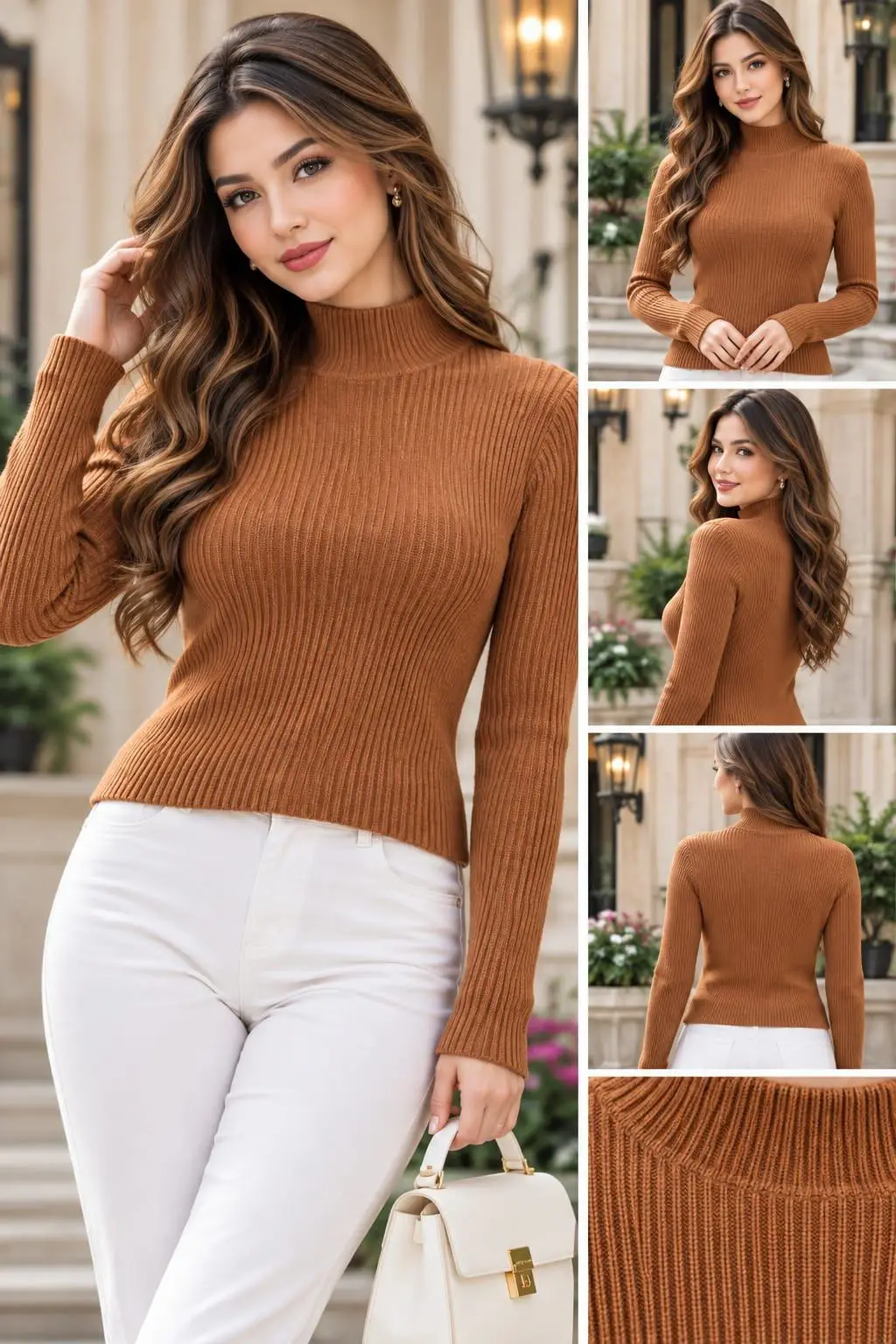 Caramel Honey Ribbed Mock Neck Woolen Top