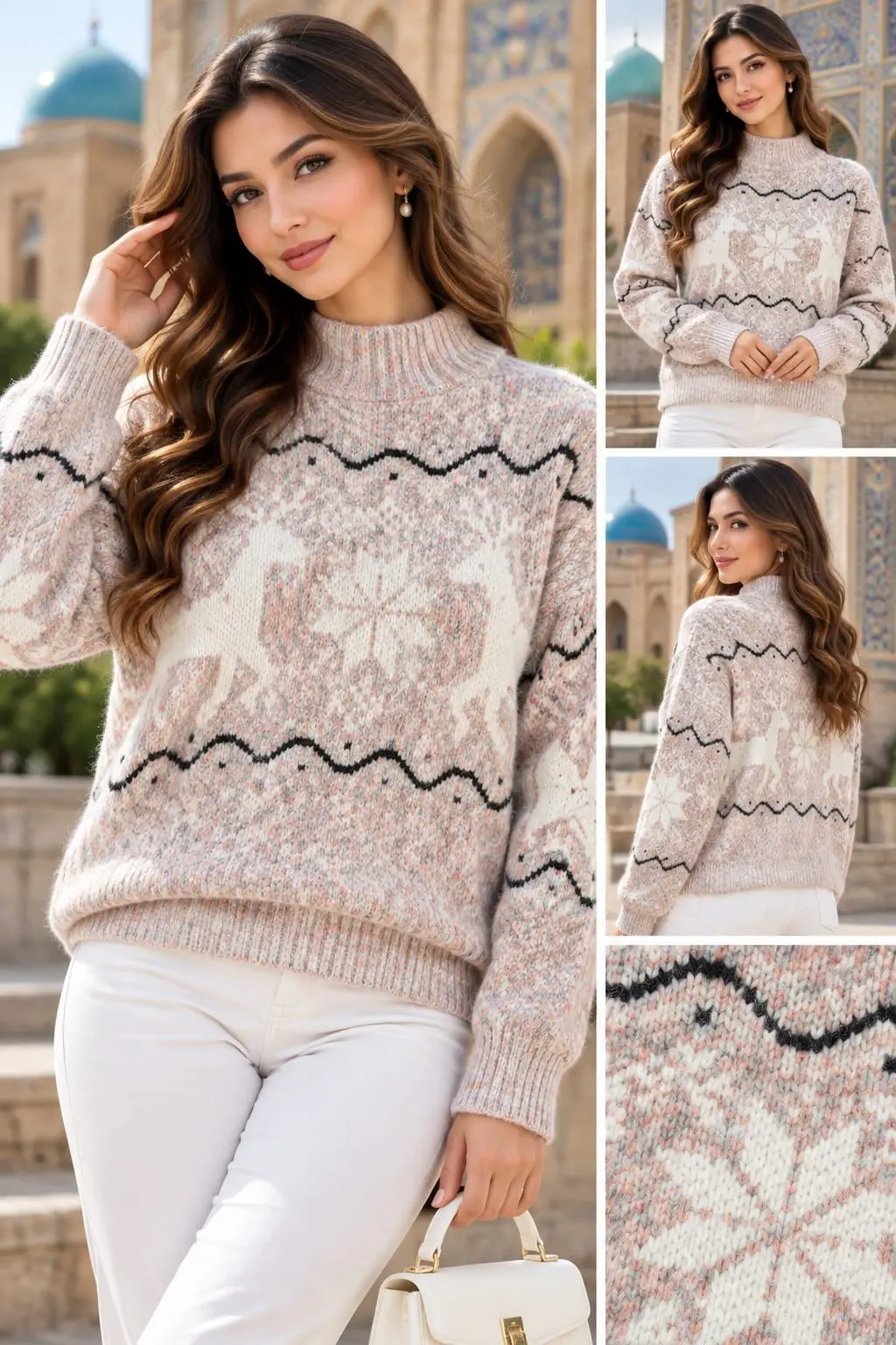 Aspen Holiday Reindeer Jacquard Mock Neck Sweater Top