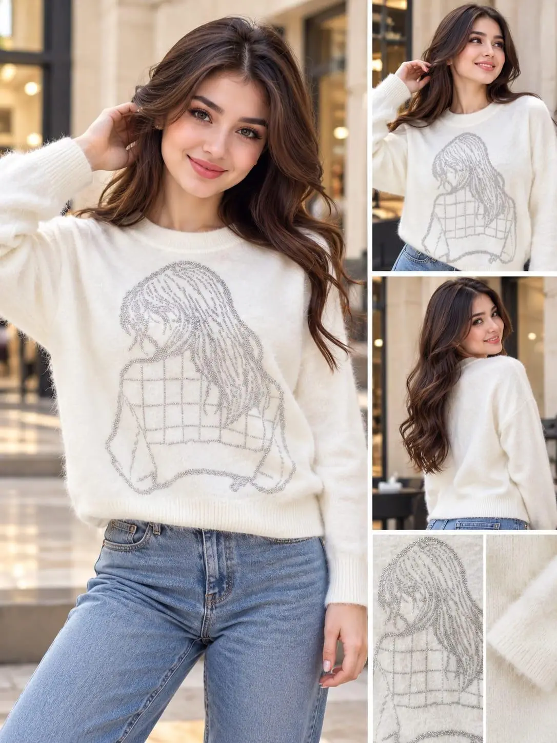 Ivory Dreams Rhinestone Line-Art Fuzzy Sweater Top