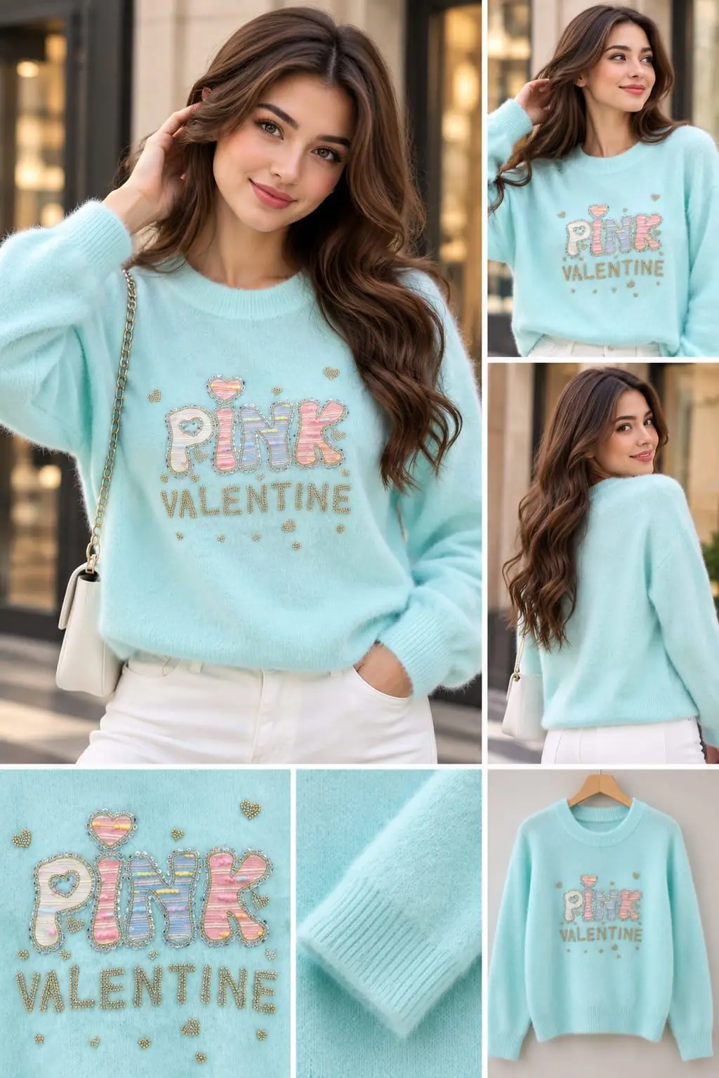 Mint Sorbet "Pink Valentine" Embellished Sweater Top