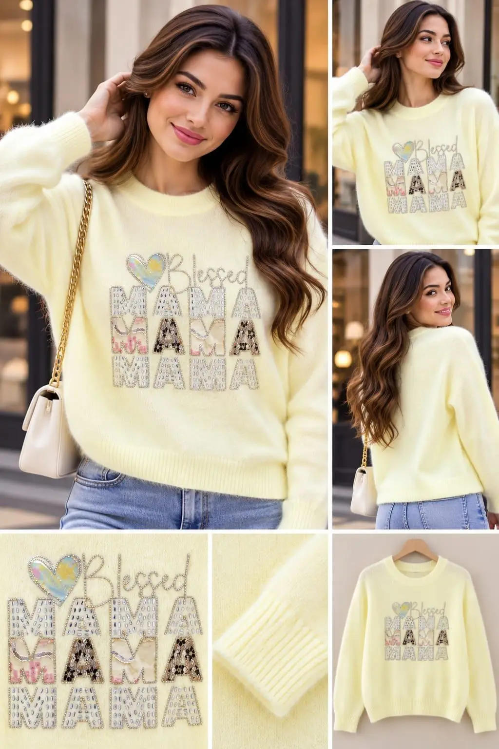 Lemon Chiffon "Blessed Mama" Sequin-Grid Sweater Top