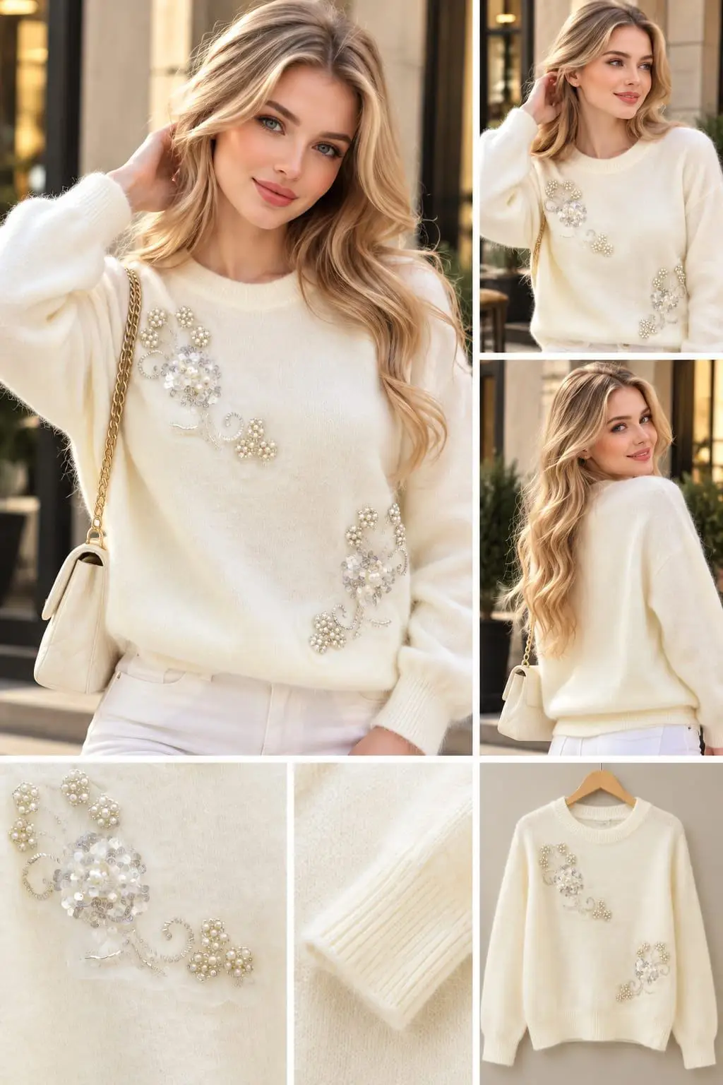 Ivory Pearl Lattice Flower Fuzzy Pullover Top