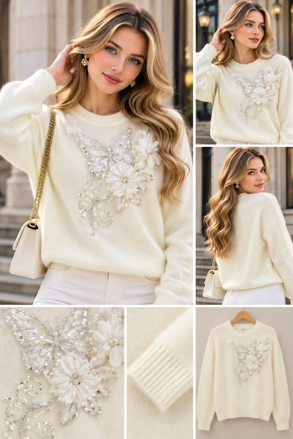 Cream Chiffon Butterfly & Rosette Embellished Sweater Top