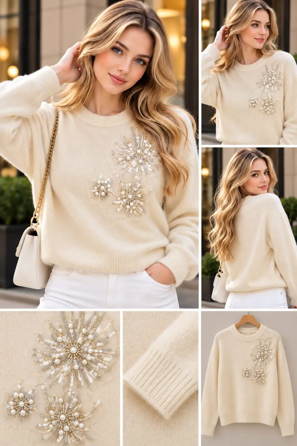 Toasted Vanilla Crystal Starburst Slouchy Sweater Top
