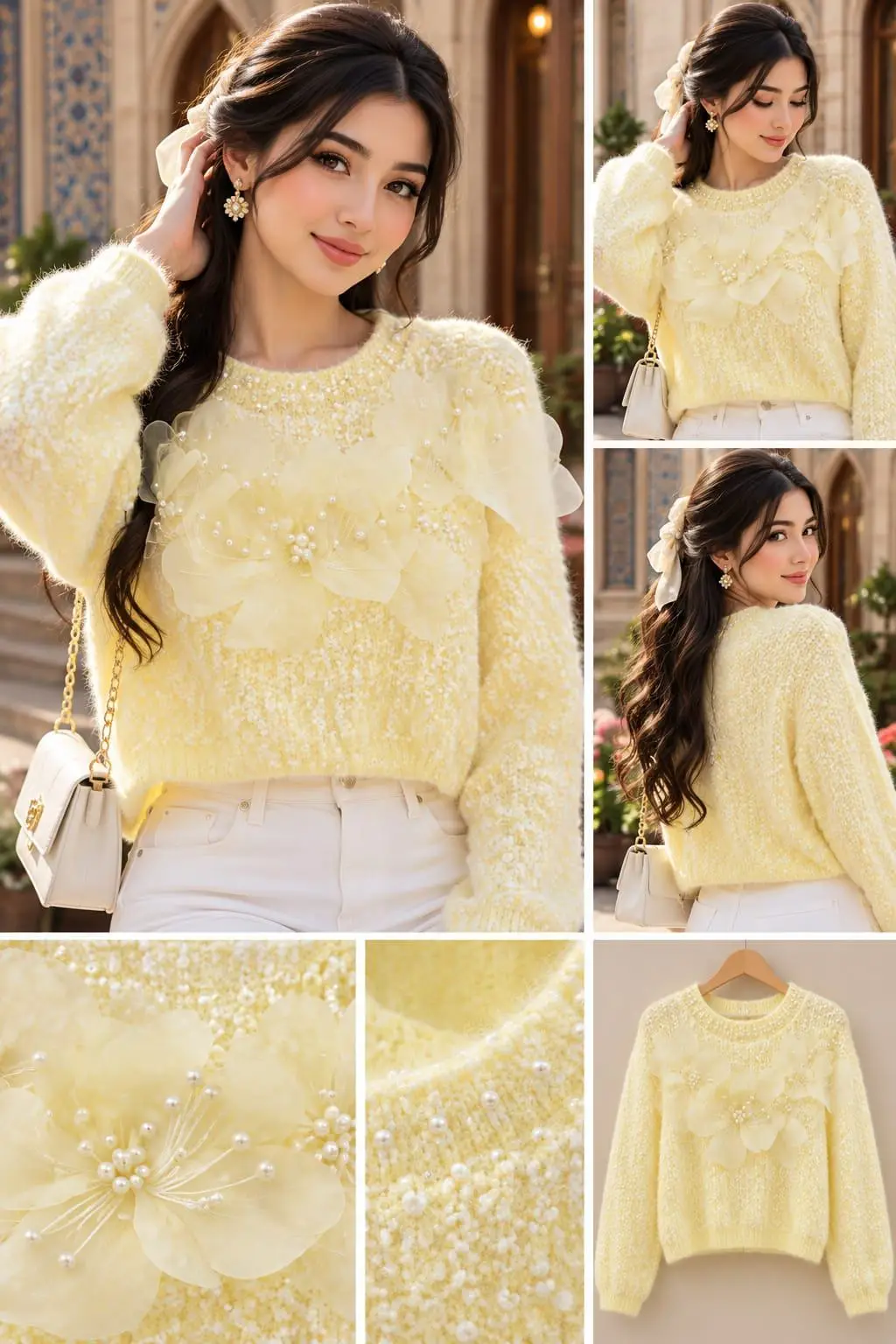 Lemon Sorbet 3D Blossom Pearl-Embellished Sweater Top