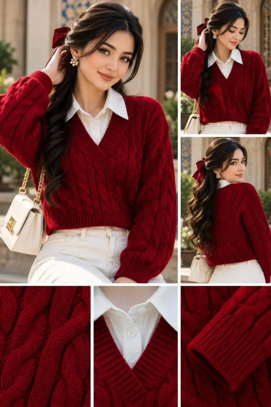 Merlot Classic 2-in-1 Collared Cable Pullover Top
