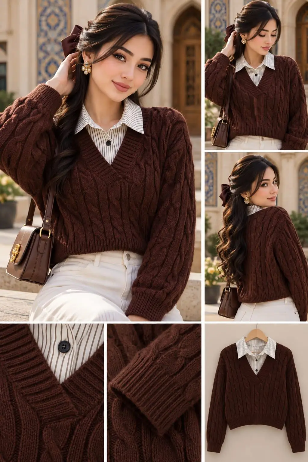 Dark Cocoa Striped-Collar 2-in-1 Cable Sweater Top