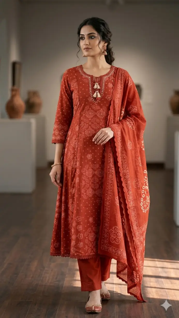 Sm1002 Rust Orange Bandhani Print Cotton Anarkali Suit Set