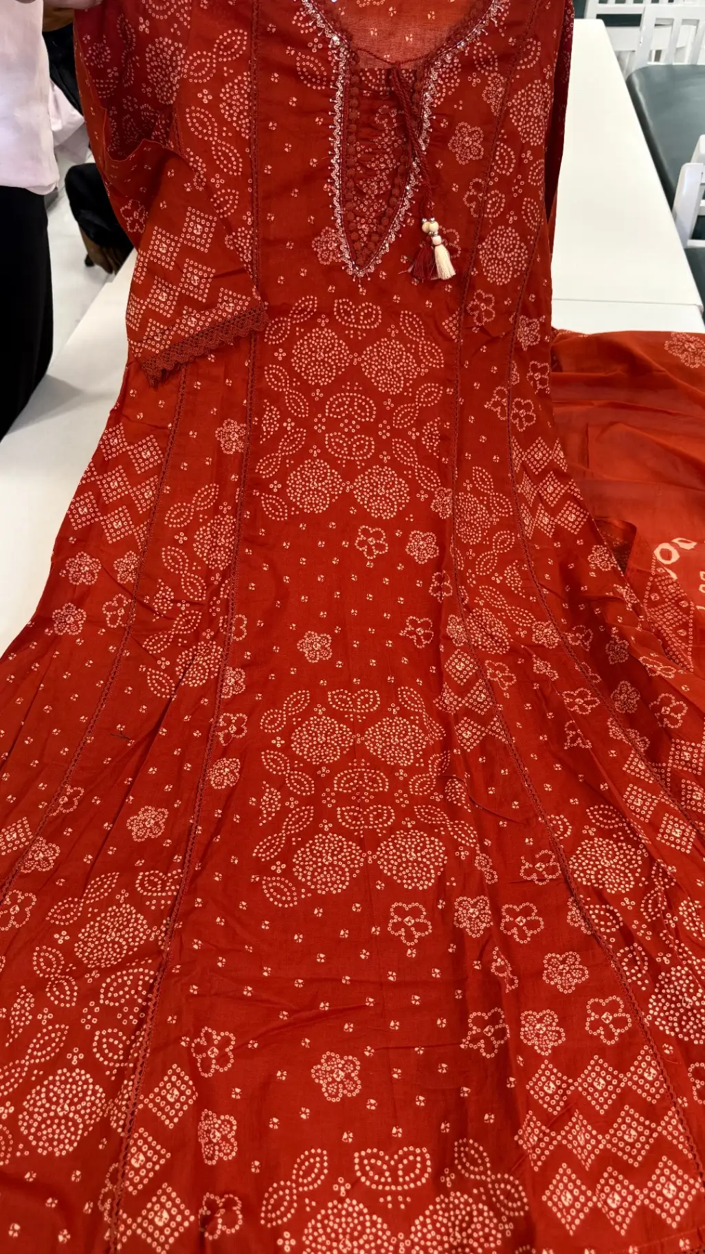 Sm1002 Rust Orange Bandhani Print Cotton Anarkali Suit Set view 4