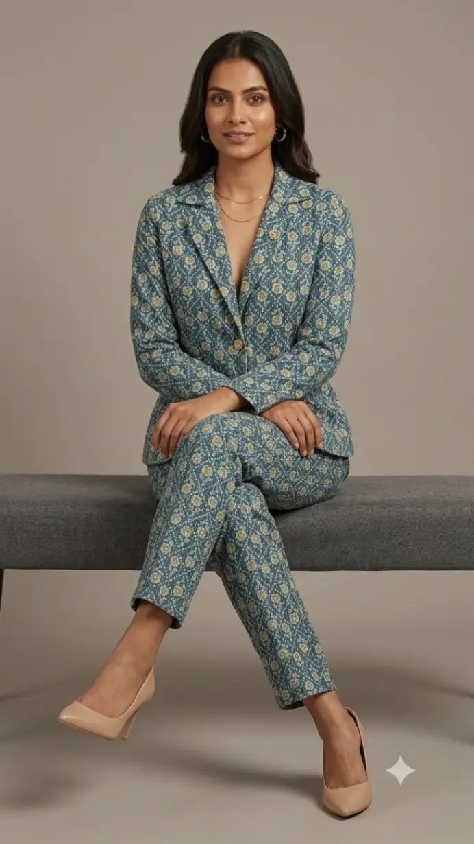 L green kantha blazer set view 3