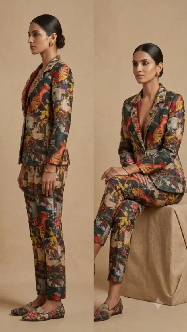 M Floral Print silk Blazer Set view 2
