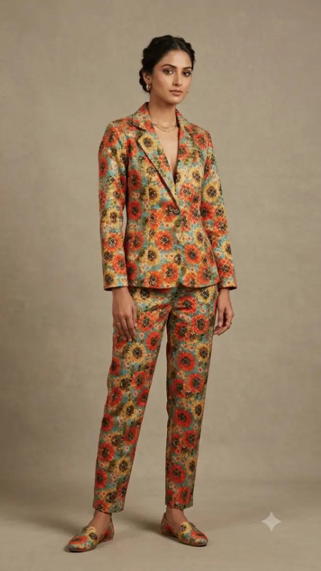 M foil print Floral Print Blazer Set