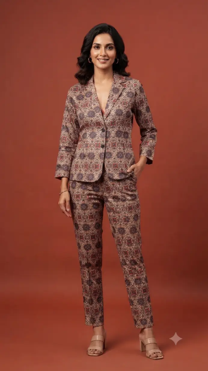 Silk brown Floral Blazer Set