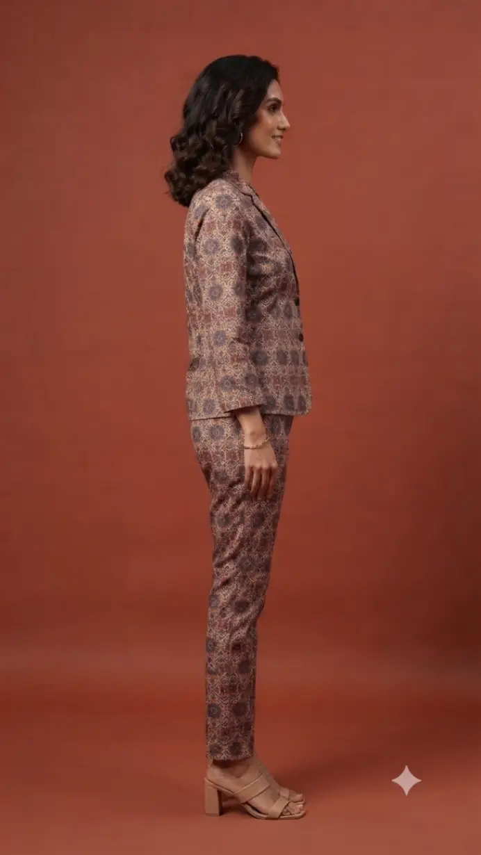 Silk brown Floral Blazer Set view 2