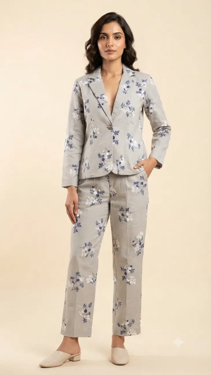 L Floral cotton grey Blazer Set