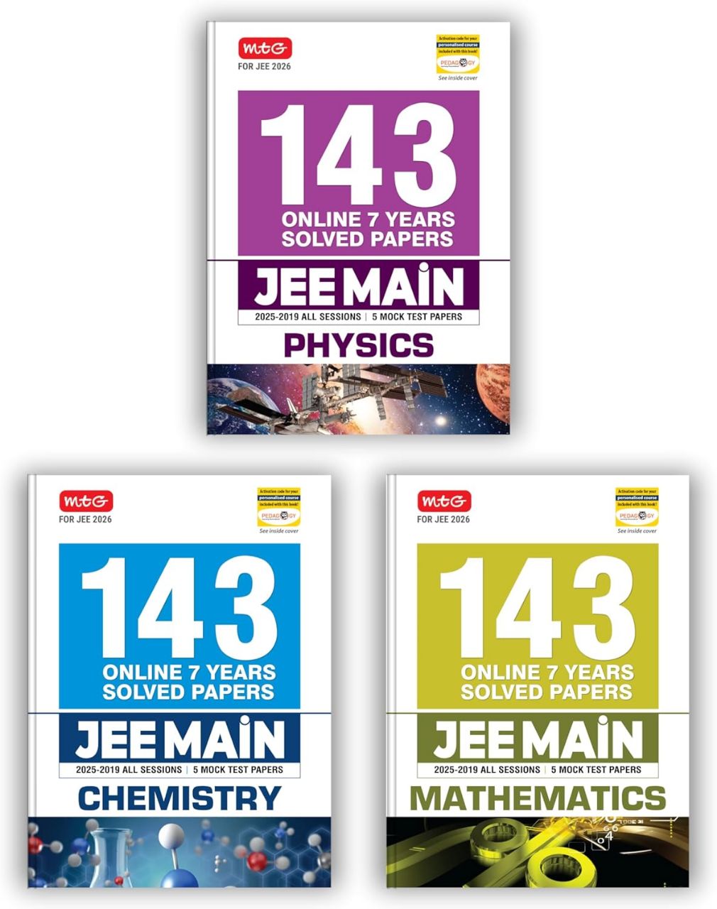 MTG JEE Main 7 Years (2025-2019) Physics, Chemistry & Mathematics All 143 Shifts Online Previous Years Solved Papers (PYQ Book) | 5 Mock Test Paper For 2026 Exams (Set of 3)