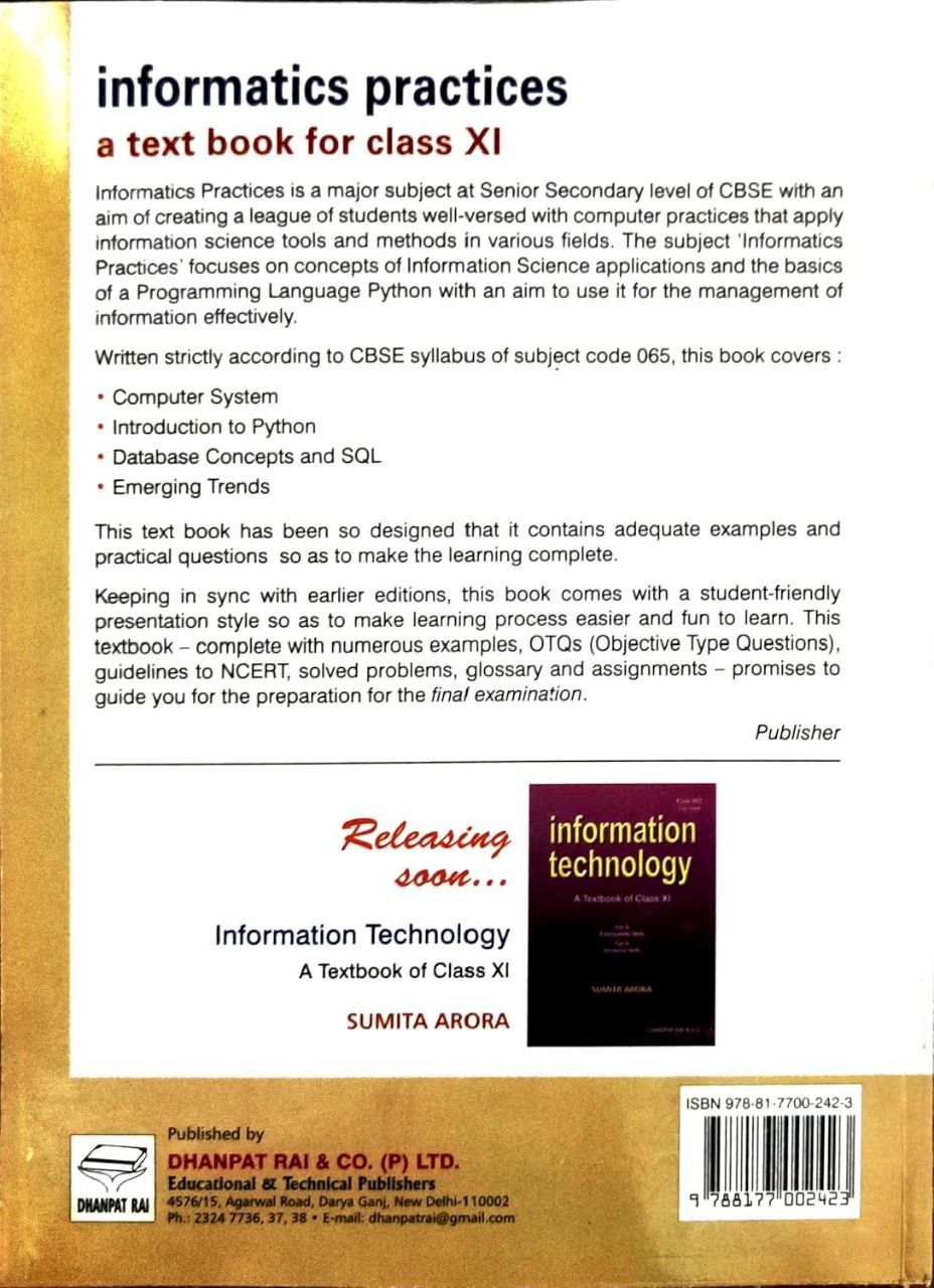 Dhanpat Sumita Arora CBSE Class 11 Informatics Practices Textbook 2025-26 | 9788177002423 view 2