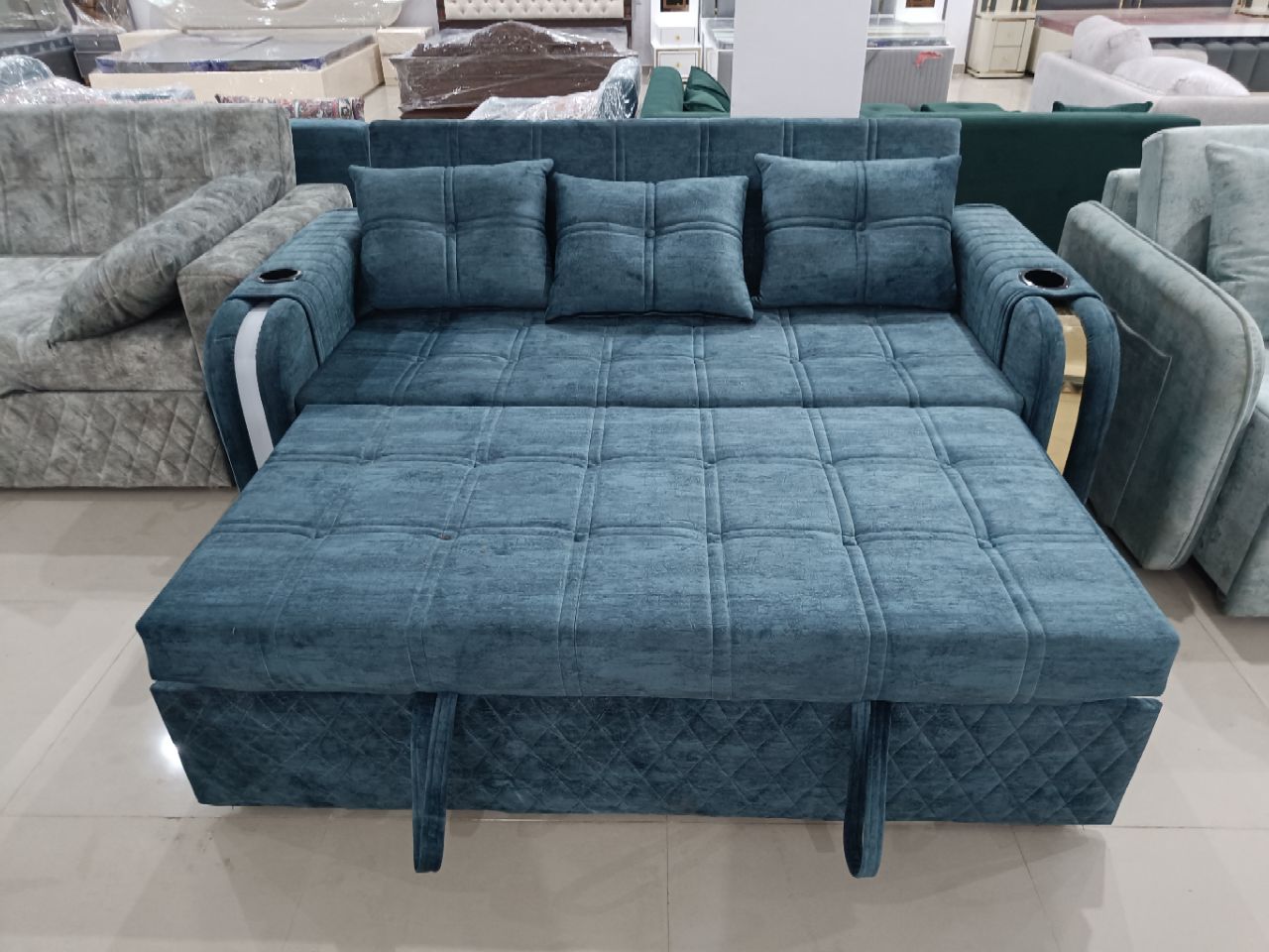 Blue Velvet Sofa Cum Bed with Cup Holders view 2