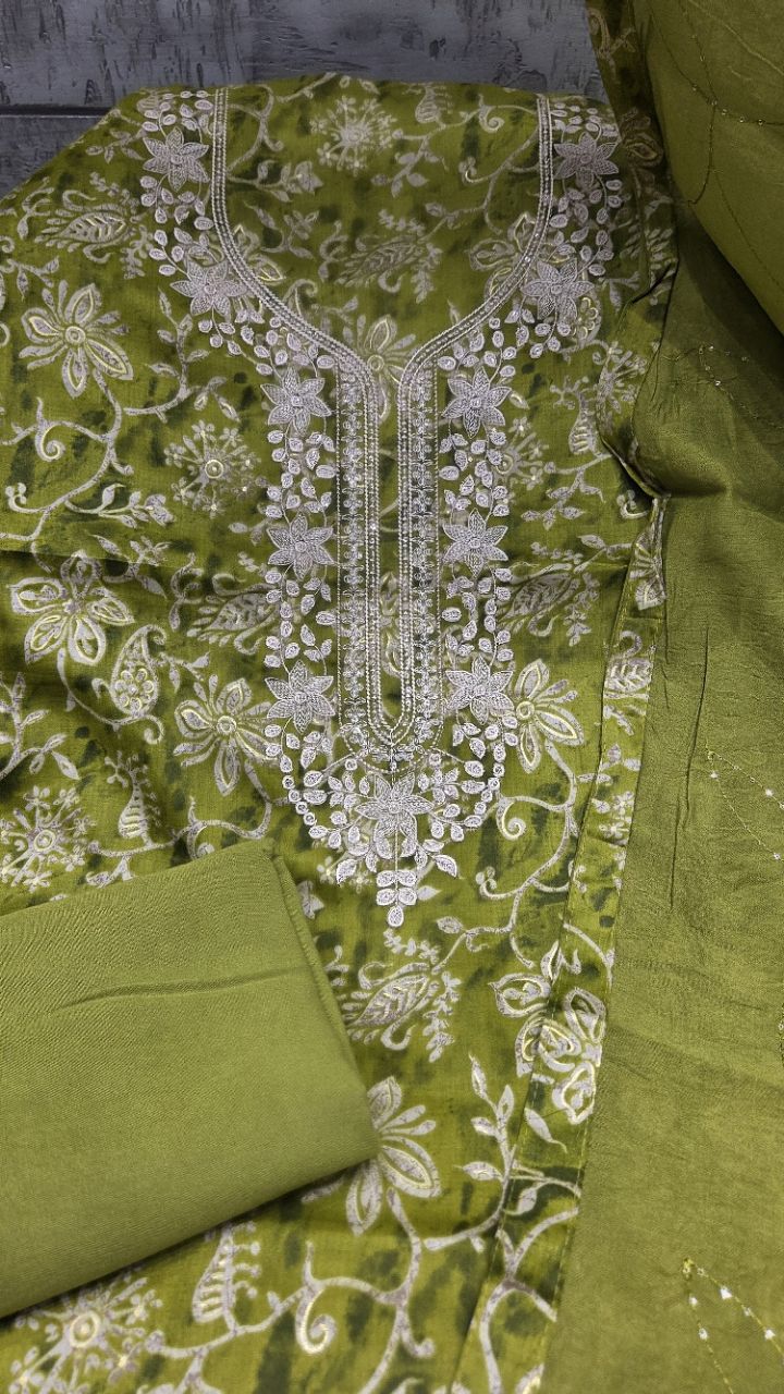 Embroidered Green Unstitched Suit view 3