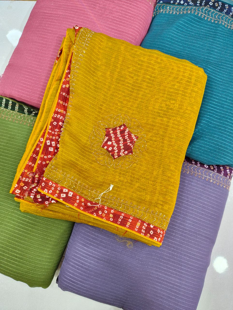 Elegant Textured Saree with Bandhani Border & Subtle Stone Work view 9