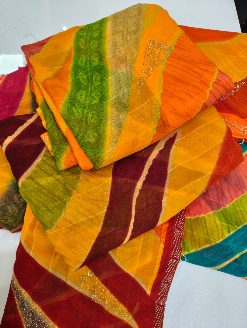 Vibrant Multi-Color Leheriya Chiffon Saree with Sparkling Stone Work view 9
