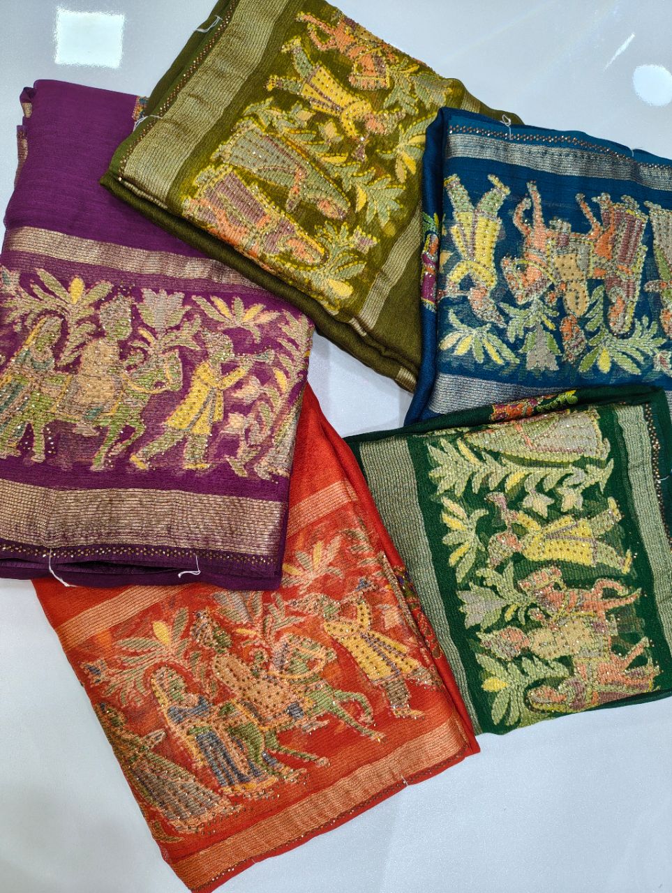 Radiant Leheriya Chiffon Saree – Festive Colors with Shimmering Stone Accents view 9