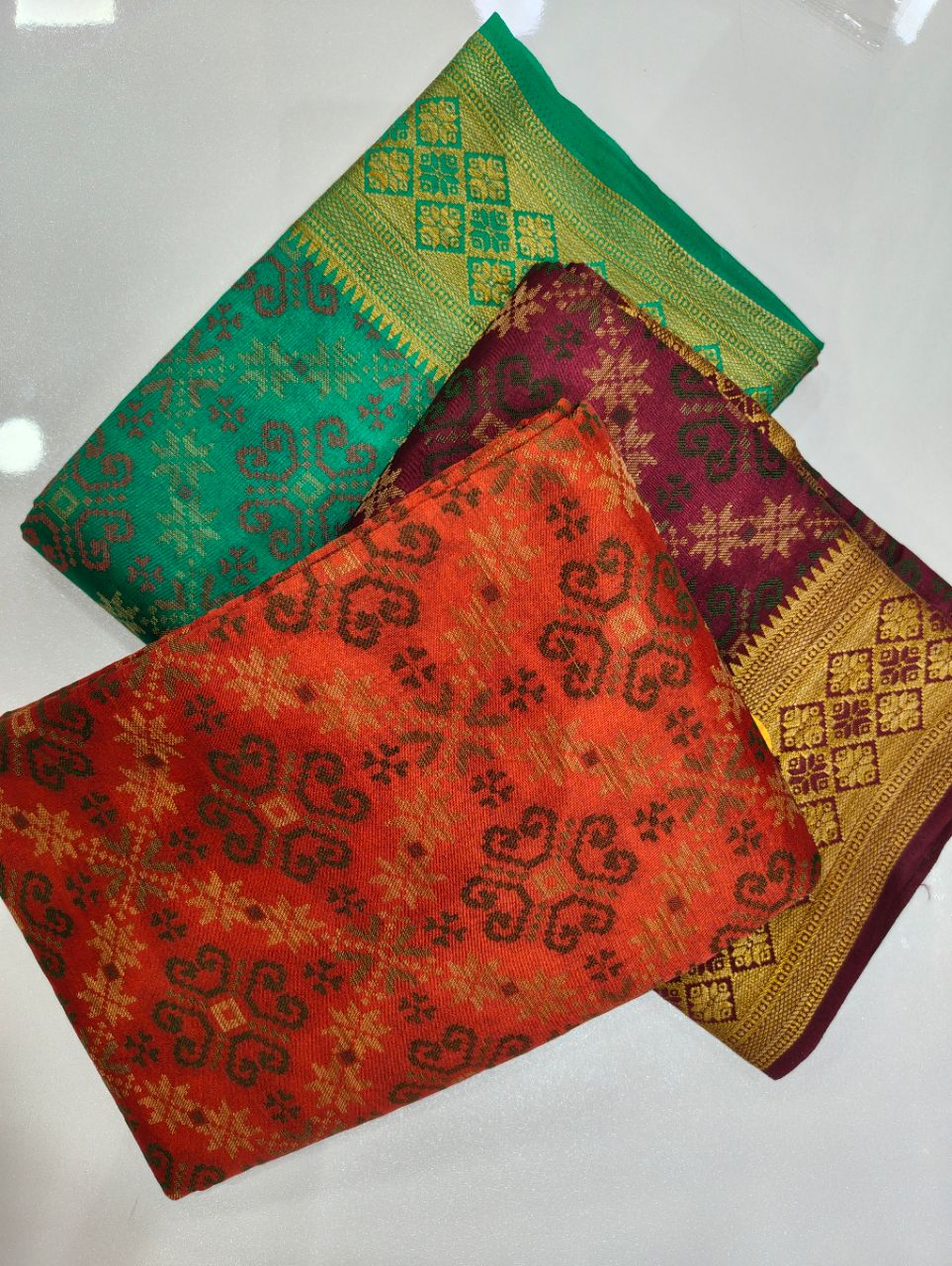 Regal Traditions: Jewel-Toned Saree with Hand-Embellished Folklore Border view 9