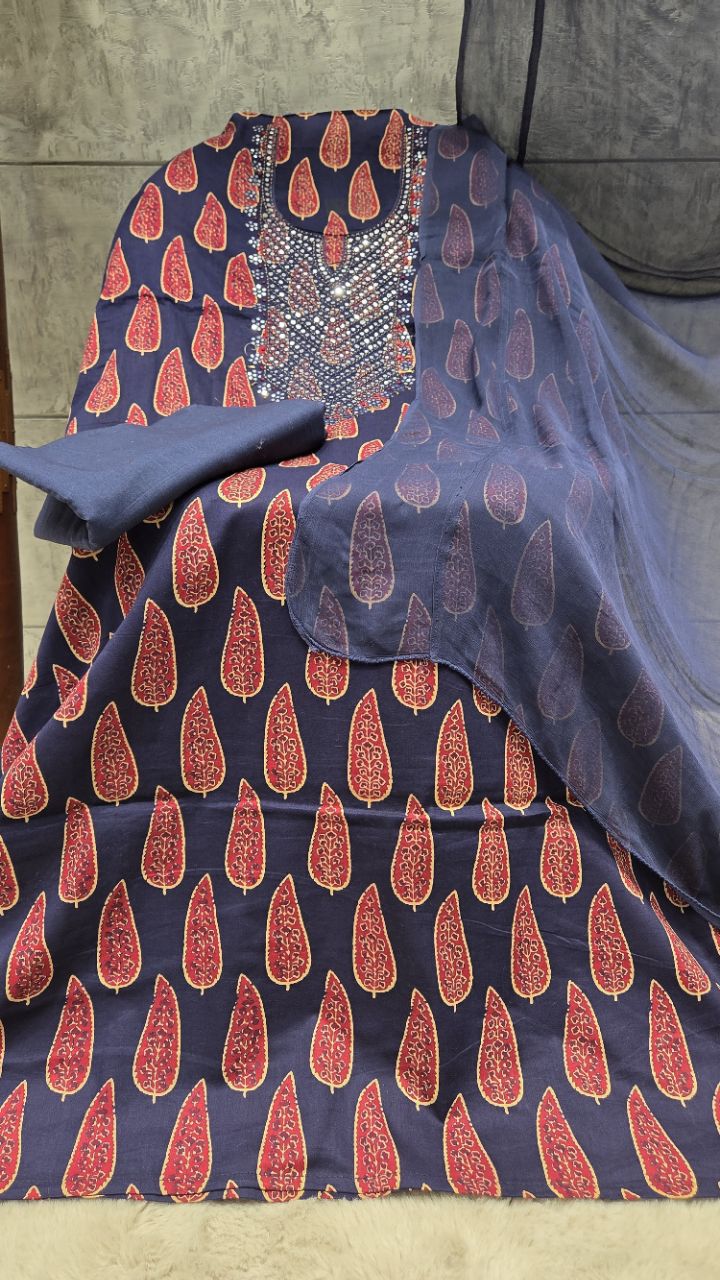 Navy Blue Ethnic Unstitched Suit view 2