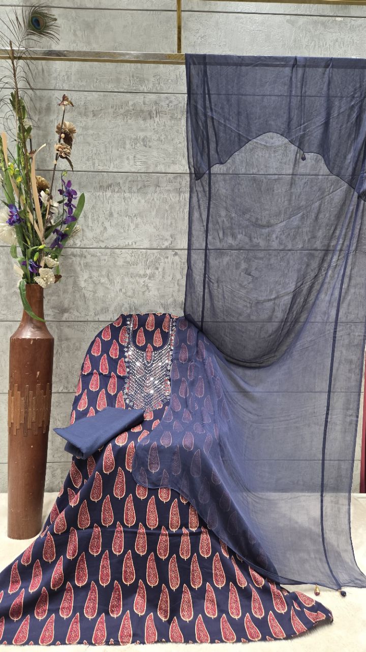 Navy Blue Ethnic Unstitched Suit
