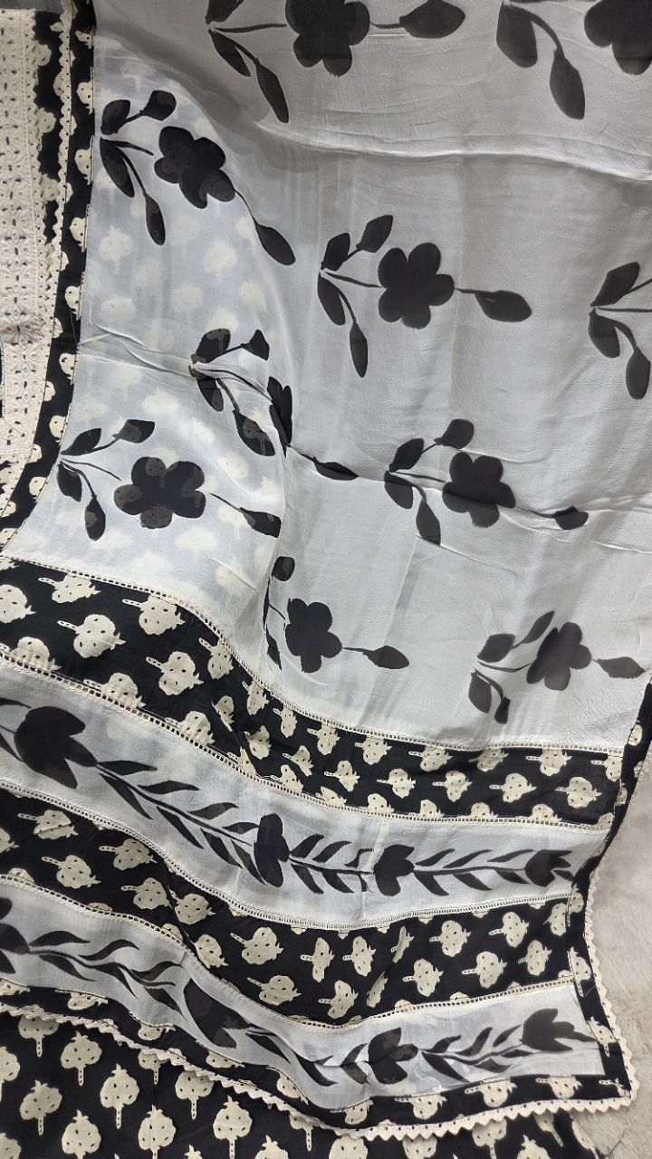 Floral Black and White Printed Unstitched Suit view 4