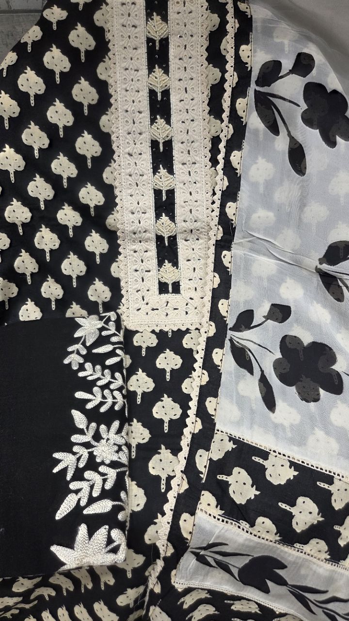 Floral Black and White Printed Unstitched Suit view 3