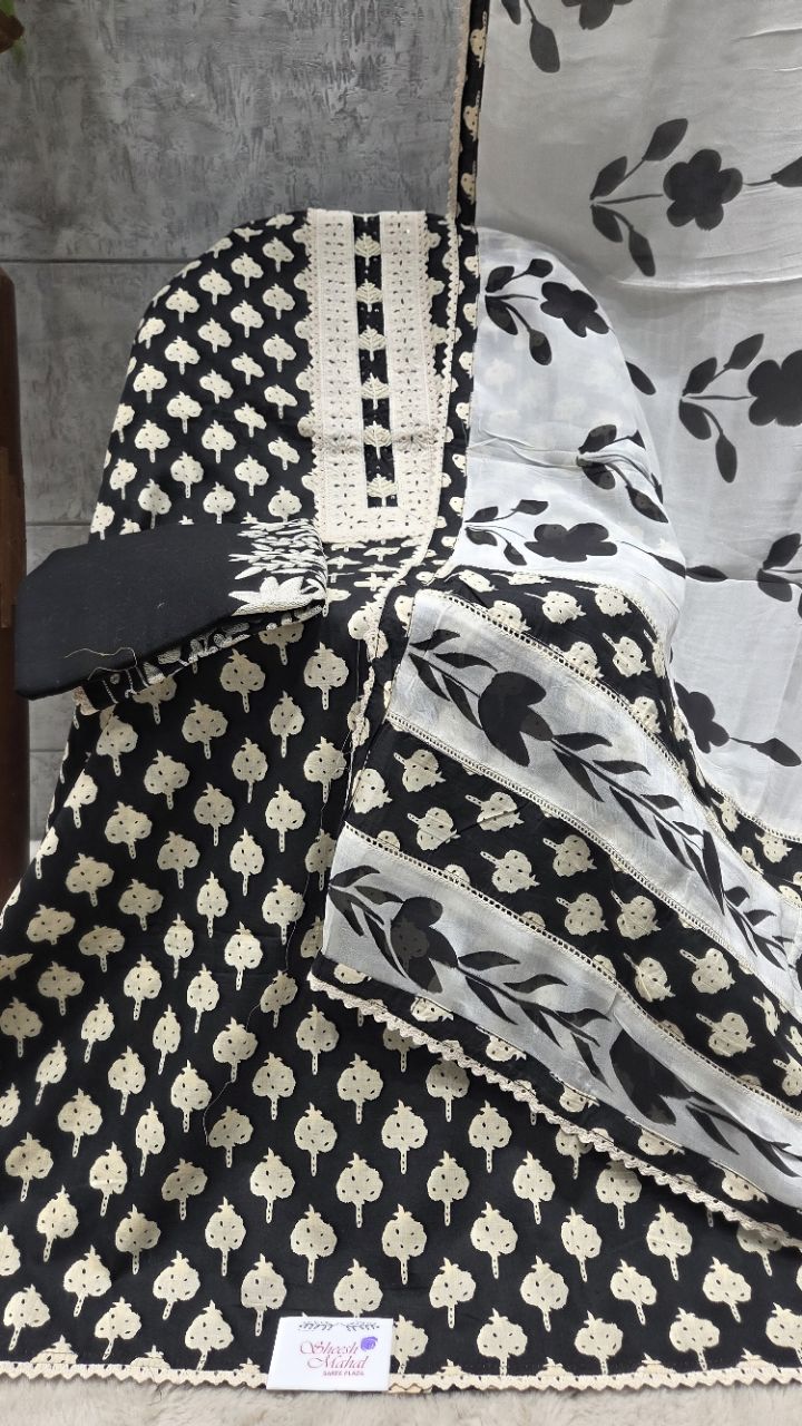 Floral Black and White Printed Unstitched Suit view 2
