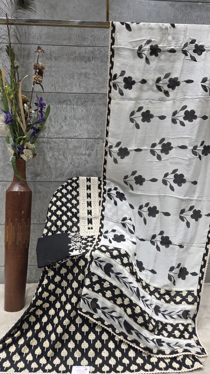 Floral Black and White Printed Unstitched Suit